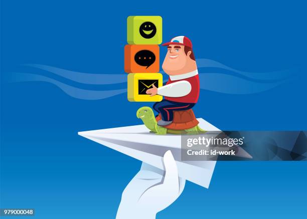 courier with tortoise and airplane - throwing paper plane stock illustrations
