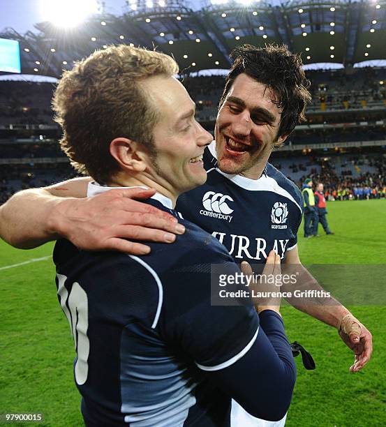Kelly Brown and Dan Parks of Scotland celebrate victory during the RBS Six Nations match between Ireland and Scotland at Croke Park on March 20, 2010...