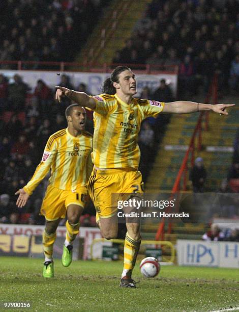 Andy Carroll of Newcastle United celebrates scoring the fourth and equalizing goal during the Coca Cola Championship match between Bristol City and...