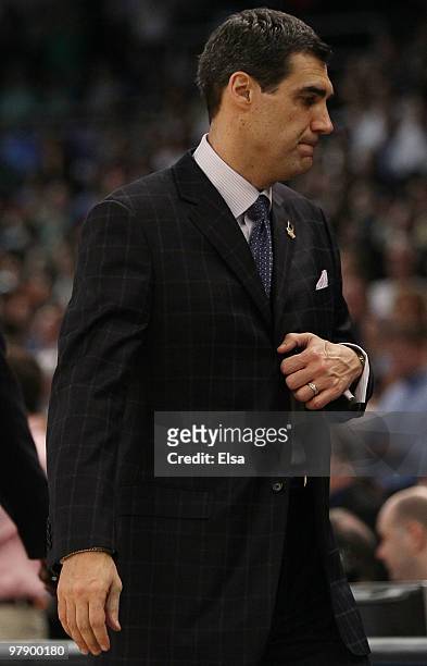 Head coach Jay Wright of the Villanova Wildcats walks off the court after the loss to the Saint Mary's Gaels during the second round of the 2010 NCAA...