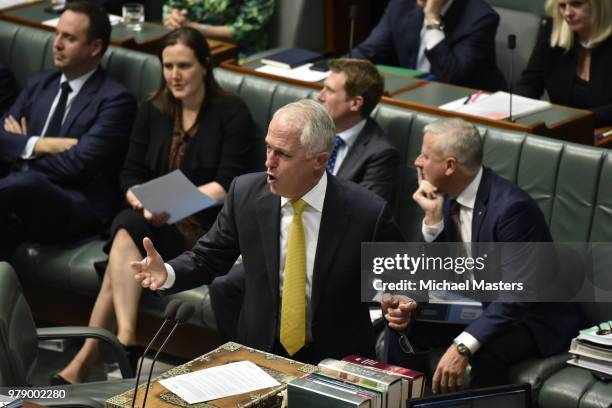 Prime Minister Malcolm Turnbull speaks during Question Time in the House of Representatives on June 20, 2018 in Canberra, Australia. The House of...