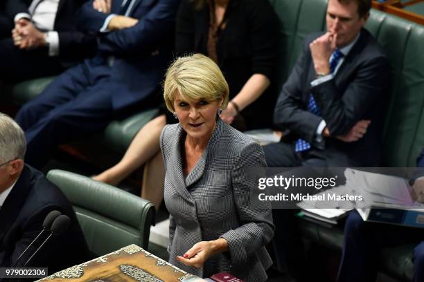 The Foreign Minister Julie Bishop speaks during Question Time in the House of Representatives on June 20, 2018 in Canberra, Australia. The House of...