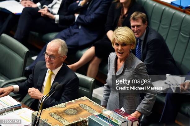 The Foreign Minister Julie Bishop speaks during Question Time in the House of Representatives on June 20, 2018 in Canberra, Australia. The House of...