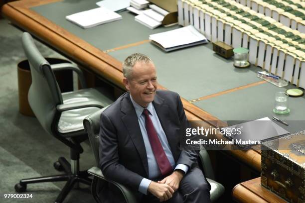 The Leader of the Opposition Bill Shorten listens to the Prime Miniter's responses during Question Time in the House of Representatives on June 20,...