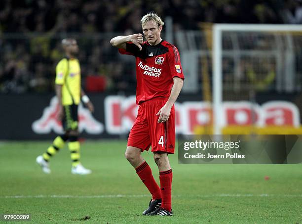 Sami Hyypiae of Leverkusen gestures after the Bundesliga match between Borussia Dortmund and Bayer Leverkusen at Signal Iduna Park on March 20, 2010...