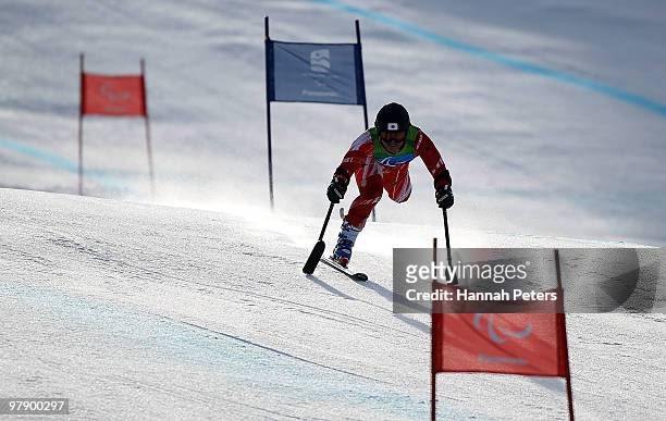 Hiraku Misawa of Japan competes in the Men's Standing Combined Super-G during Day 9 of the 2010 Vancouver Winter Paralympics at Whistler Creekside on...