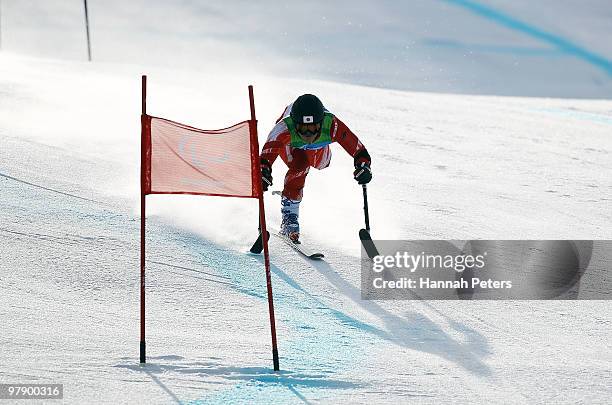 Hiraku Misawa of Japan competes in the Men's Standing Combined Super-G during Day 9 of the 2010 Vancouver Winter Paralympics at Whistler Creekside on...