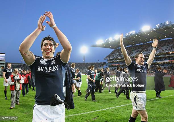 Kelly Brown and Graeme Morrison of Scotland celebrate victory at the close of the RBS Six Nations match between Ireland and Scotland at Croke Park on...