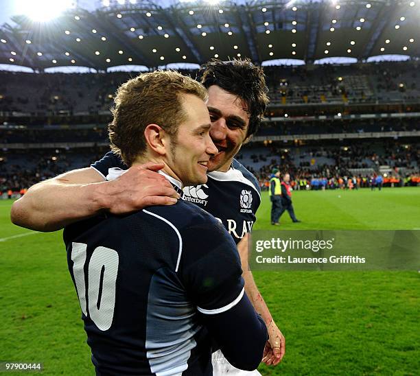 Kelly Brown and Dan Parks of Scotland celebrate victory during the RBS Six Nations match between Ireland and Scotland at Croke Park on March 20, 2010...