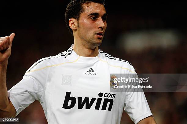 Alvaro Arbeloa of Real Madrid in action during the La Liga match between Real Madrid and Sporting Gijon at Estadio Santiago Bernabeu on March 20,...