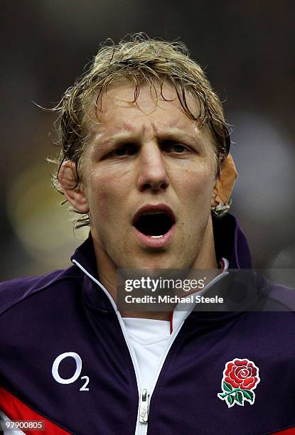 Lewis Moody of England sings the national anthem ahead of the RBS Six Nations Championship match between France and England at the Stade de France on...