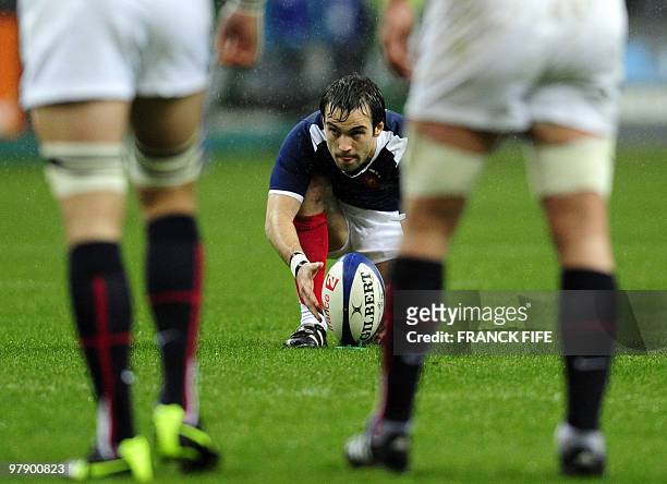 French national team scrum-half Morgan Parra prepares to shoot during the Six Nations rugby union tournament final match France versus England on...
