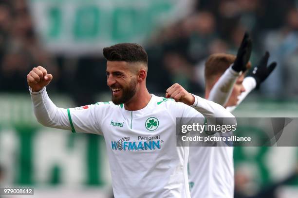 March 2018, Germany, Nuernberg: Soccer, second Bundesliga, FC Nuernberg vs Greuther Fuerth at the Max Morlock Stadium. Fuerth's Jurgen Gjasula und...