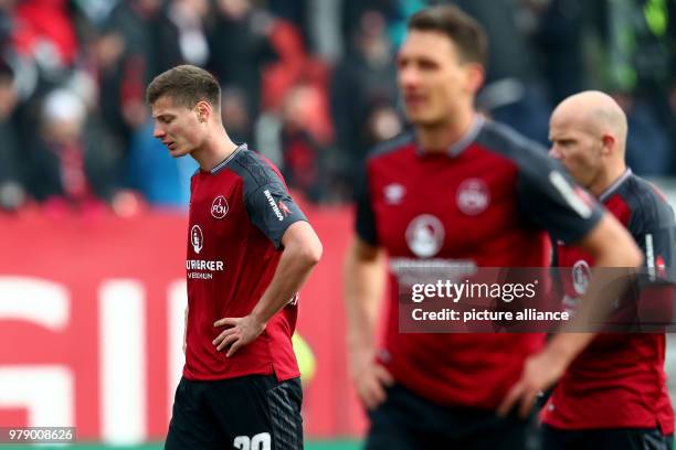 March 2018, Germany, Nuernberg: Soccer, second Bundesliga, FC Nuernberg vs Greuther Fuerth at the Max Morlock Stadium. Nuernberg's Patrick Erras ,...