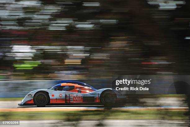 Adrian Fernandez of Mexico drives the Aston Martin prototype during the ALMS 12 Hours of Sebring at Sebring International Raceway on March 20, 2010...