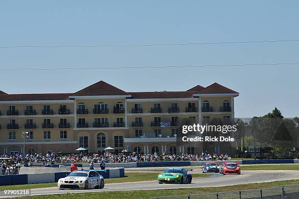 The BMW Rahal Letterman Racing BMW M3 driven by Dirk Muller leads the pack of the GT2 cars, during the ALMS 12 Hours of Sebring at Sebring...