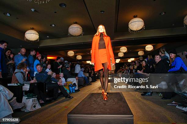 Model walks the runway at Aspen Fashion Week 2010 Day 6 on March 19, 2010 in Aspen, Colorado.