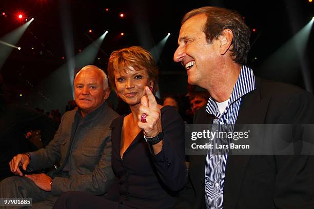 Werner Baldessarini , Uschi Glas and husband Dieter Hermann are seen prior to the WBO Heavyweight World Championship fight between Wladimir Klitschko...