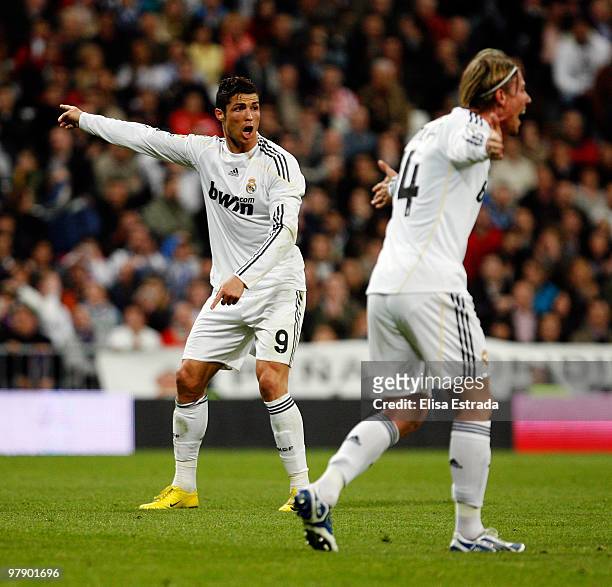 Cristiano Ronaldo and Guti of Real Madrid in action during the La Liga match between Real Madrid and Sporting Gijon at Estadio Santiago Bernabeu on...
