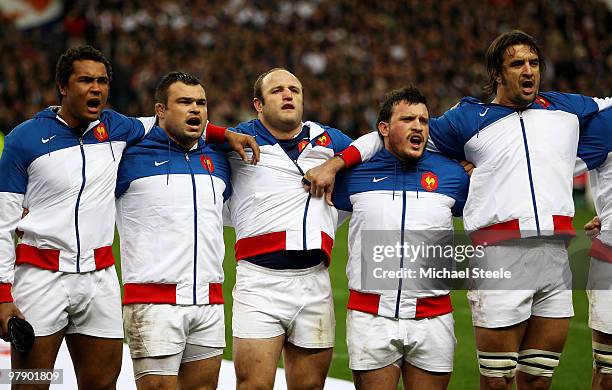 Thierry Dusautoir, Nicolas Mas, William Servat, Thomas Domingo and Julien Pierre of France sing the national anthem ahead of the RBS Six Nations...