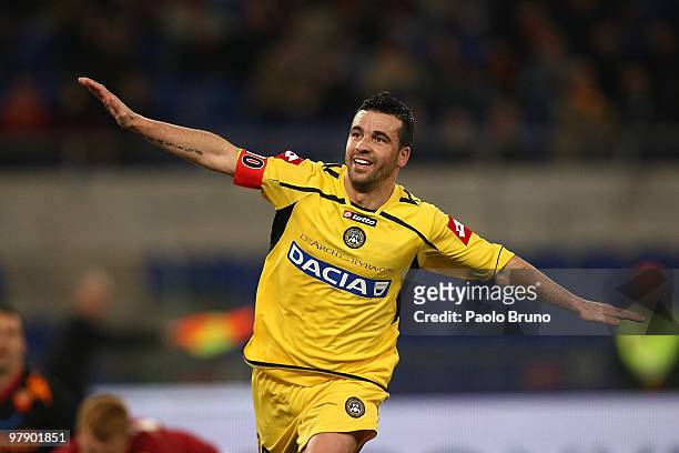 Antonio Di Natale of Udinese Calcio celebrates the second goal during the Serie A match between AS Roma and Udinese Calcio at Stadio Olimpico on...