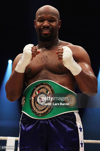 Jonathon Banks of USA celebrates after winning the NABF Heavyweight Championship fight against against Travis Walker of USA prior to the WBO...