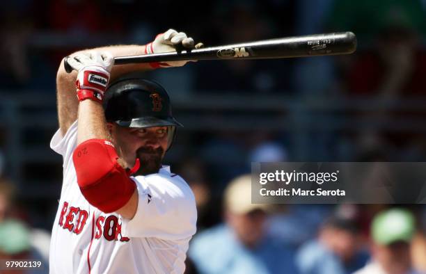 Kevin Youkilis of the Boston Red Sox bats against the Baltimore Orioles on March 20, 2010 at City of Palms Park in Fort Myers, Florida.