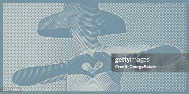vintage woman making heart sign with hands - crop top stock illustrations