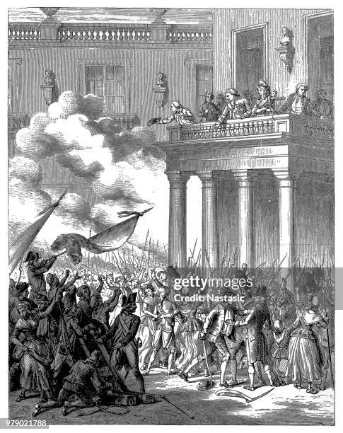 6. october 1789, louis xiv, marie antoinette and the royal children on the balcony of the palace of versailles, france - versailles park stock illustrations