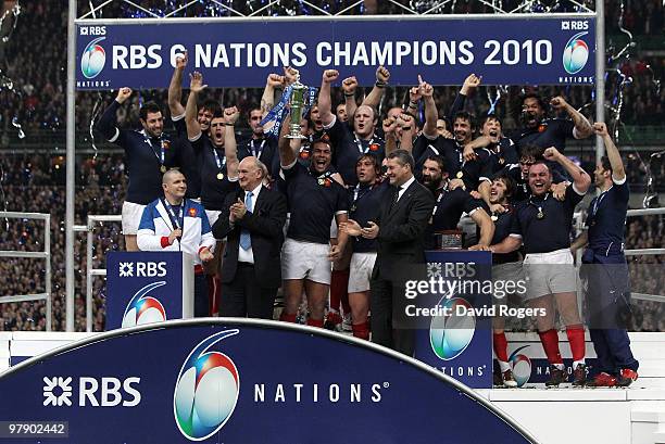 Thierry Dusautoir of France lifts the trophy after France completed the Grad Slam during the RBS Six Nations Championship match between France and...