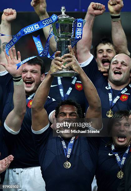 Thierry Dusautoir of France lifts the trophy after France completed the Grad Slam during the RBS Six Nations Championship match between France and...