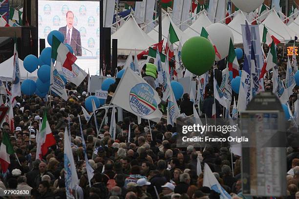 Supporters of Silvio Berlusconi's center-right party Popolo della Liberta attend a demonstration ahead of regional elections at San Giovanni square...