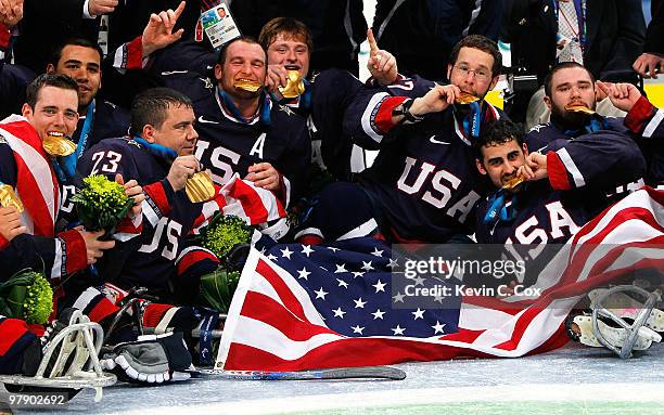 Team USA celebrates their 2-0 win over Japan during the Ice Sledge Hockey Gold Medal Game between the United States and Japan on day nine of the 2010...