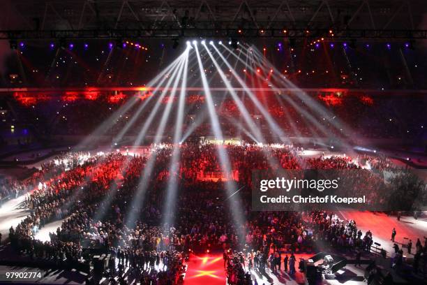 Lightshow is seen before Wladimir Klitschko of Ukraine and Eddie Chambers of USA fight their WBO Heavyweight World Championship fight at the Esprit...