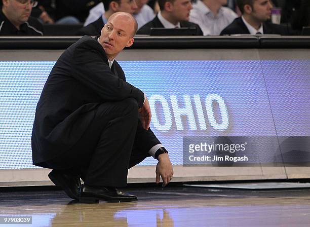 Coach John Groce of the Ohio Bobcats reacts in the closing minutes of a game against the Tennessee Volunteers during the second round of the 2010...
