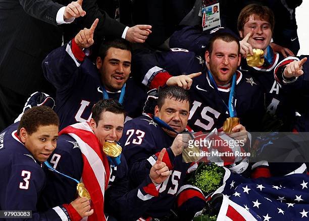 Team USA celebrates their 2-0 win over Japan during the Ice Sledge Hockey Gold Medal Game between the United States and Japan on day nine of the 2010...