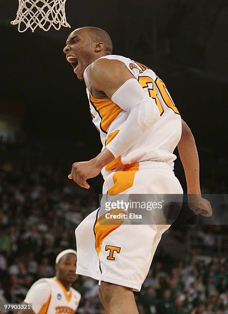 Prince of the Tennessee Volunteers celebrates his dunk in the second half against the Ohio Bobcats during the second round of the 2010 NCAA men's...