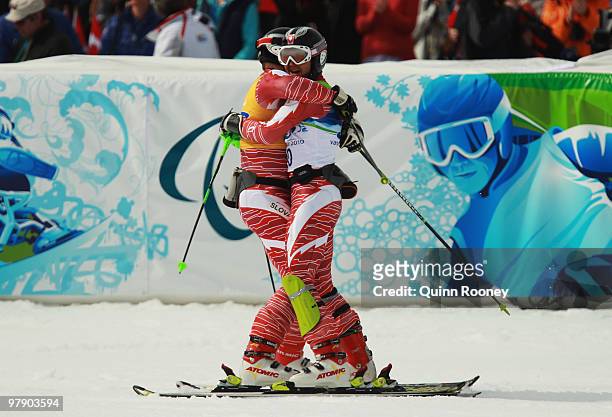 Jakub Krako of Slovakia and guide Juraj Medera celebrate after the Men's Visually Impaired Super Combined Slalom during Day 9 of the 2010 Vancouver...