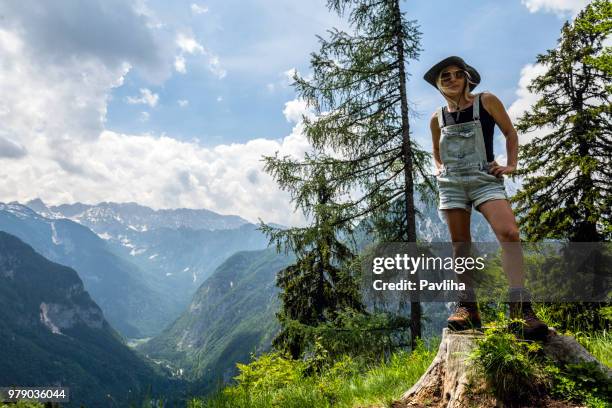 the young hiker enjoys mountain views, the trenta valley, mount jalovec, river soča, primorska,julian alps, slovenia, europe - pavliha stock pictures, royalty-free photos & images