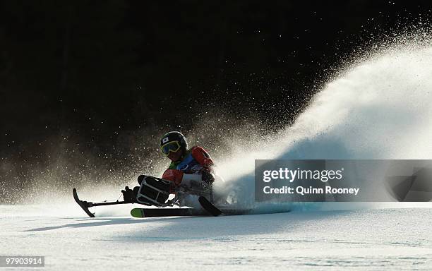 Taiki Morii of Japan competes during the Men's Sitting Super Combined Super-G during Day 9 of the 2010 Vancouver Winter Paralympics at Whistler...