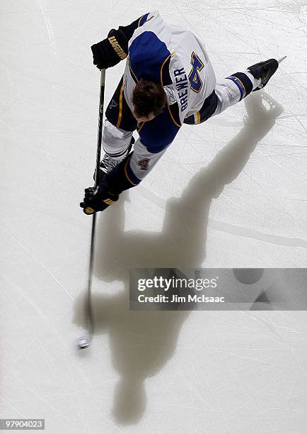 Eric Brewer of the St. Louis Blues warms up before playing against the New Jersey Devils at the Prudential Center on March 20, 2010 in Newark, New...