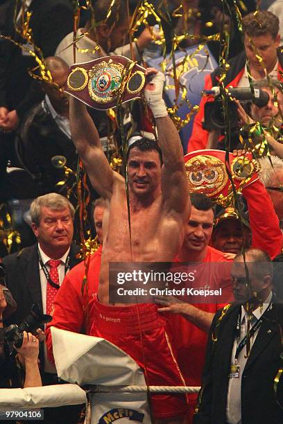 Wladimir Klitschko of Ukraine celebrates after his WBO Heavyweight World Championship fight against Eddie Chambers of USA at the Esprit Arena on...