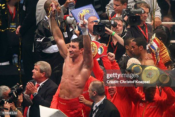 Wladimir Klitschko of Ukraine celebrates after his WBO Heavyweight World Championship fight against Eddie Chambers of USA at the Esprit Arena on...