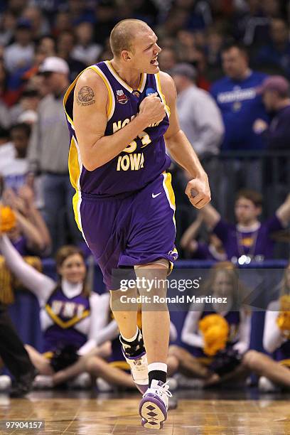 Jordan Egseder of the Northern Iowa Panthers reacts in the second half against the Kansas Jayhawks during the second round of the 2010 NCAA men's...