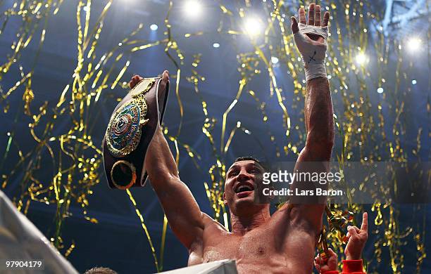 Wladimir Klitschko of Ukraine celebrates after winning his WBO Heavyweight World Championship fight against Eddie Chambers of USA at the Esprit Arena...
