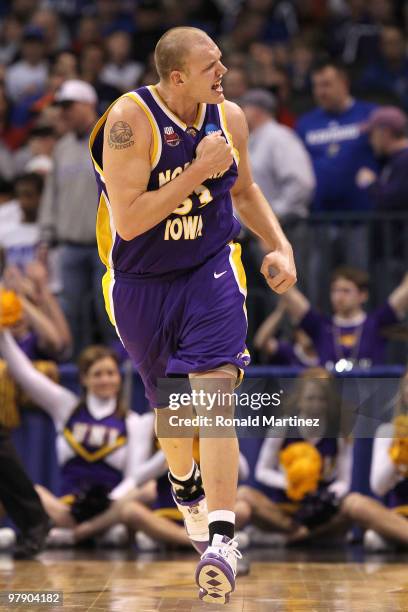 Jordan Eglseder of the Northern Iowa Panthers reacts in the second half against the Kansas Jayhawks during the second round of the 2010 NCAA men's...