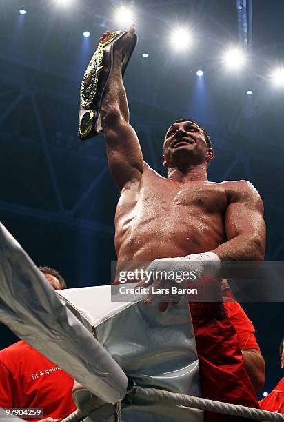 Wladimir Klitschko of Ukraine celebrates after winning his WBO Heavyweight World Championship fight against Eddie Chambers of USA at the Esprit Arena...