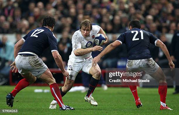 Mathew Tait of England takes on David Marty and Yannick Jauzion of France during the RBS Six Nations Championship match between France and England at...