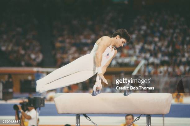 American gymnast Mitch Gaylord pictured in action for the United States on the pommel horse during competition in the Men's individual all-around...