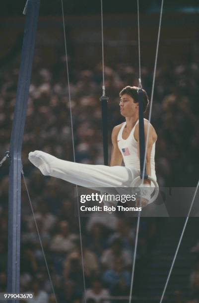 American gymnast Mitch Gaylord pictured in action for the United States on the rings during competition in the Men's individual all-around gymnastics...